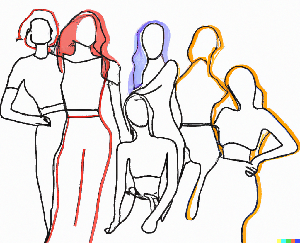 DALL·E 2023-01-26 14.18.35 - group of woman, empowerment, futur, colorful, one line drawing